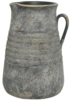 Krug mit Griff Handarbeit Keramik 20x27cm Grau - Mediterrane Deko Ton Vase Betonoptik- Handgemachte Amphore für Garten und Zuhause - Tonkrug in Anthrazit - Graue Tonvase unglasiert