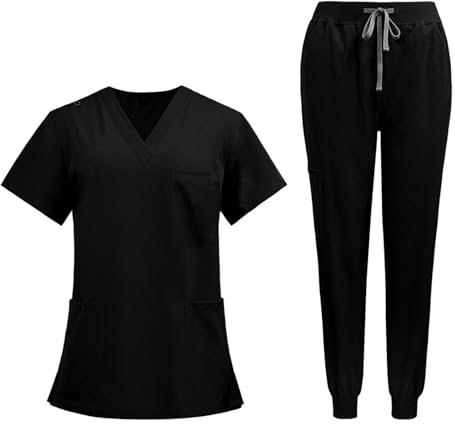 Baoblaze Uniform Scrub Set Work Suit Nurse Top Pants Work Clothes with Pockets Short Sleeve Work Clothes for Pet Groomer Healthcare, Black, XL