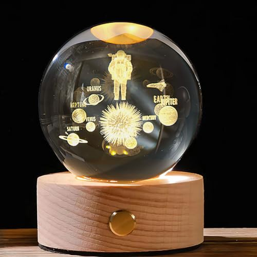 3D Sonnensystem Kristallkugel mit LED Bunte Nachtlicht Basis, Kristall Ball Nachtlicht Kreative Nachtszene Astronomie LED Ball Lampe Solar System Nachttischlampe Kristallkugel Licht (Astronaut)