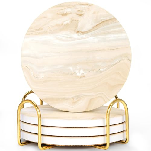Saugfähige Keramik-Untersetzer Set 4 STK, Moderner Marmor-Stil für Getränke | 10 cm Stein Untersetzer Set Wohndekor Mit Metallhalter für Küche, Wohnzimmer, Einweihungsgeschenke, Gold, Rund