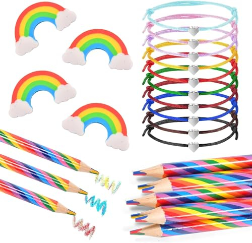 30 Stück Radiergummis, Serie Rainbow: 10 Stück Regenbogen Buntstifte und 10 2B Radiergummi Regenbogen Radiergummis, 10 Armbänder aus verstellbarem Herzseil, für Kinder Erwachsene Schule Basteln