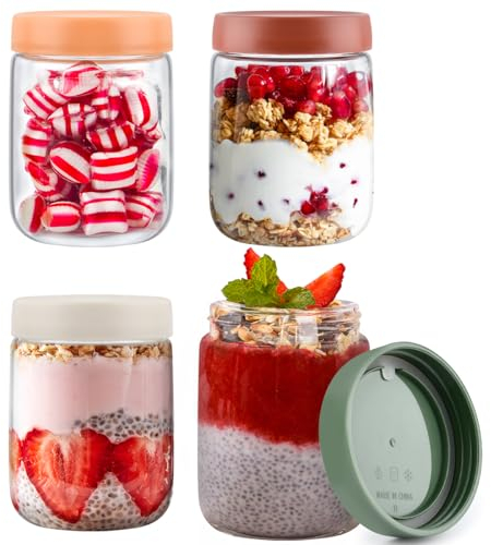 DODUOS 4 Pack 16 OZ Overnight Oats Jar, 500ml Overnight Oats Container with Screw Lid Airtight, Glass Jars with Lids Reusable Mason Jars for Salad Overnight Oats Yoghurt Pudding Chutney Jam