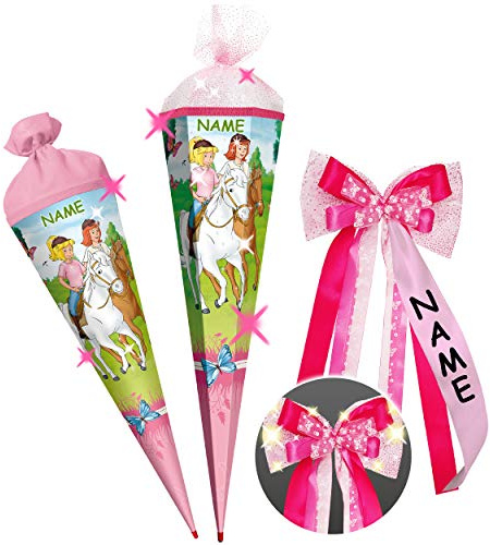 alles-meine.de GmbH mit 3D Effekt - Glitzer ! Schultüte - Bibi Blocksberg & Tina - Pferde - 22-85 cm - Größe wählbar - mit Holzspitze - rund - incl. Name und individueller ..
