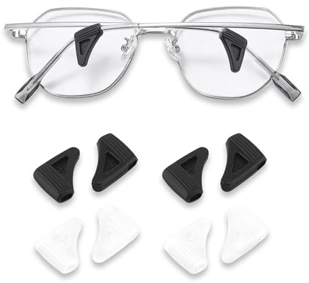UBRAVE Dreieck Non-Slip Glasses Ear Hooks,Glasses Temple Cover, Comfort Silicone Glasses Holder for Running, Sports, Camping, Learning to Read (2 schwarz, 2 Transparent weiß)