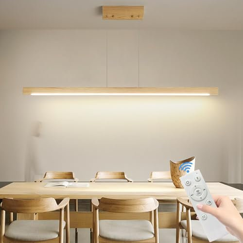 Mikeru 100cm Eschenholz Kronleuchter, Quadratischer Lampe Esszimmer aus Eschenholz 10% bis 100% LED Pendelleuchten Höhenverstellbar Moderne 3000K/4500K/6500K Mit Speicherfunktion für Büro