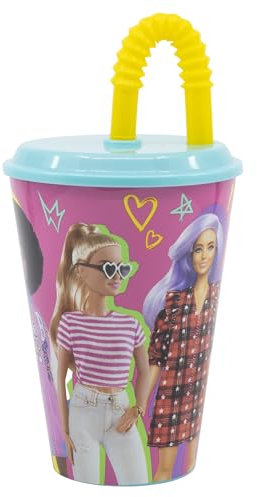 KP Pharma Barbie Kids Cups Tumblers Glass with Lids & Straws, 430ml