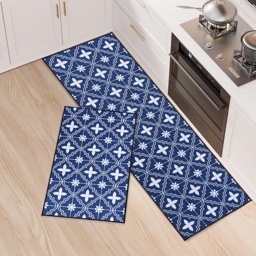 LY4U Küchenläufer rutschfest, 2 Stück Matte Set, Waschbar Absorbierende Teppiche, Dauerhafte Läufer für Küche, Wäscherei, Schlafzimmer, (43x75cm+43x120cm, Blau)