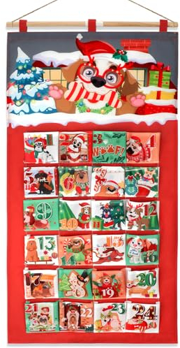 DPKOW Hunde Adventskalender 2025 zum Befüllen aus Stoff, Weihnachtskalender Wandkalender Adventskalender mit 24 Stoffbeutel & Stange, Weihnachten Deko Adventskalender Wiederverwendbar zum aufhängen
