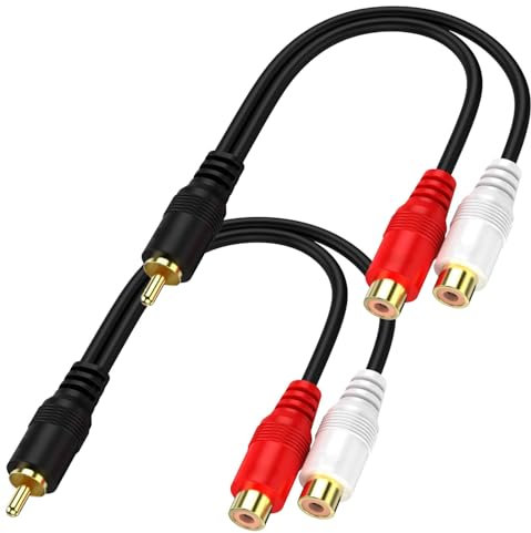 Aspack RCA Y Splitter 1 Male to 2 Female Stereo Audio Cable, 1 Feet, Black, Gold Plated, EMI/RFI Interference Reduction, Compatible with Subwoofer, Amplifier, TV, Car Audio