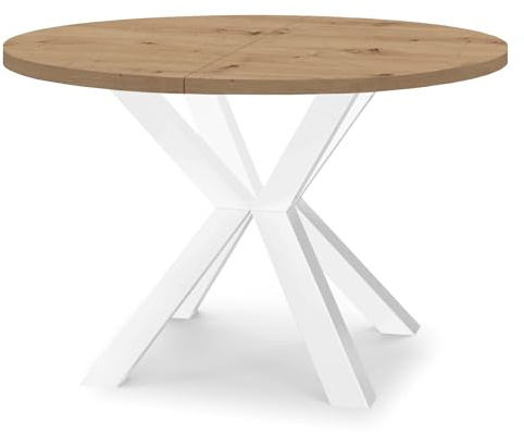Dekori Möbel Runder Ausziehbarer Tisch für Esszimmer RAL mit Holzbeinen, Skandinavischer Stil, Durchmesser Varianten von : 90 bis 220 cm (Eiche Artisan/Weiß, 100/200 cm)