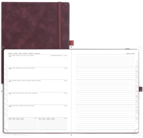 POPRUN Kalender 2025 2026 Buchkalender Notizbuch (Aug.2025-Dez.2026), ca. A4 (26,5 x 21,5 cm), Terminplaner, Wochenplaner Softcover mit PU-Leder, Zertifiziertem Papier - Weinrot