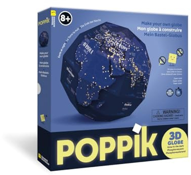 POPPIK 1841265 3D-Bastel-Globus, Erde bei Nacht, nachtleuchtender Lernglobus inkl. mehrsprachigem Begleitheft, DIY-Set für Kinder ab 8 Jahren, 26 cm