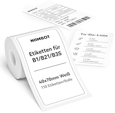 NIIMBOT Etiketten Selbstklebender Etikettenband für B1 B21 B3S Etikettendrucker, 40 x 70mm 110 Etiketten pro Rolle, 1 Rolle Thermo-Etikettenband für Supermärkte, Einzelhandel, Büro, Weiß