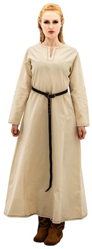 Leonardo Carbone® Damen Kleid Wikinger Unterkleid Helga | Aufwendige Stickereien | Fließende Silhouette | Karneval, Halloween, Cosplay, LARP, Mittelalter, Wikinger | 100% Baumwolle Natur L