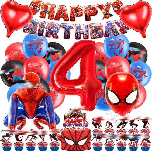 Geburtstagsdeko 4 Jahre, 3D Spider Luftballon Kindergeburtstag Deko Geburtstag, Kinder Party Deko, Tortendeko, Happy Birthday Banner für Jungen, Mädchen, Kinder, Thema Party