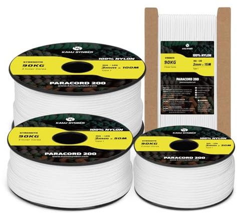 Kamu Synber Paracord 2mm 3 Strands 15M 100% Nylon Rope Type I Parachute Cord for Craft, Outdoor, DIY, Camping | Support 90kg | White