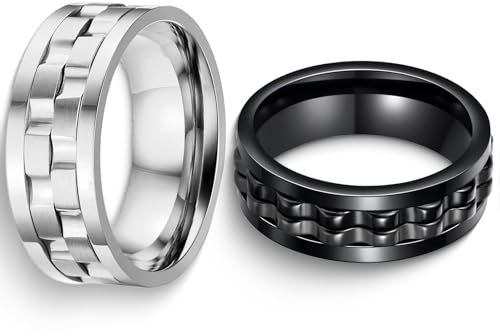 AMSNINK Fidget Ring für Erwachsene - Drehbarer Anti Stress Ring in Schwarz und Silber, Hochwertiger Edelstahl Spinner mit Rotationsmechanismus gegen Angst und Nervosität