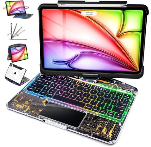 MAYDORHER for iPad Air 11 inch Case with Touch Keyboard (M2-2024/M3-2025), 360°Rotating Stand for iPad Air 5th/4th, for iPad Pro 4/3/2/1 Case 11 inch, 7 Color Backlight (Transparent Black)