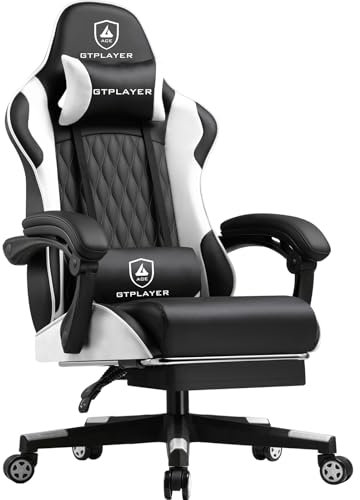 LUCKRACER Gaming Chair, Ergonomic Computer Chair with Footrest, Lumbar Support, Headrest, Spring Pocket Cushion, Height Adjustable PC Home Office Chairs, White