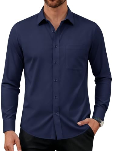 Hemd Herren Stretch Langarm Businesshemd Bügelfrei Freizeithemd mit Tasche | Anzug, Regular Fit, Business, Freizeit, Hemden, Hochzeit, Baumwolle, Oberhemd, Atmungsaktiv, Einfarbig, Arbeitshemd