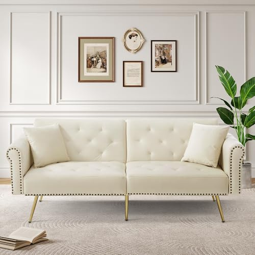LULUWA Housse moderne en velours pour canapé-lit 2 places, dossier avec réglage sur 3 niveaux et pieds en métal plaqué or, élégant, avec fonction de sommeil, peu encombrant, résistant (beige)