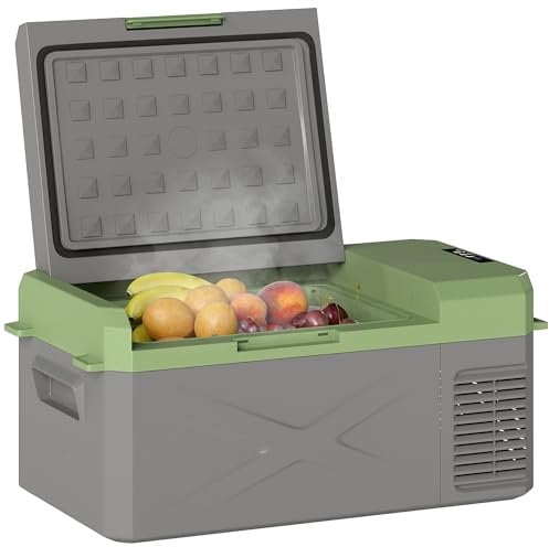 Outsunny 16,3 Liter Kompressor Kühlbox elektrische Gefrierbox mit ECO Modus Anschluss, Thermobox mit Kühlhaltefunktion, 12/220 Volt Mini Kühlschrank für Camping Auto Boot Steckdose LKW Grau+Grün