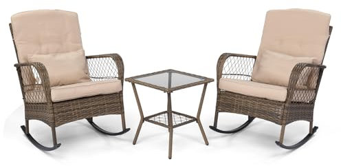 LEADZM Gartenmöbel Set für 2 Personen，Polyrattan Balkonmöbel 3-teiliges Set, Wetterfest, Komfortabel & Lässig, 2 Schaukelstühle & Tisch, für Garten, Balkon, Terrasse,Beige