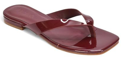 ESSEX GLAM Women's Flat Sandal Ladies Thong Strap Slip On Burgundy Patent Flip Flops Summer Square Toe Slide Size 5