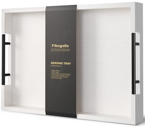 Fibogollo Bamboo Serving Tray with Metal Handles,43x30cm Ottoman Decorative Trays Platter for Coffee Table,Living Room,Bar,Party,Large(White)