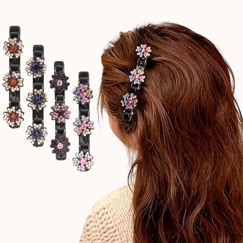 4 Stück Haarspangen Damen mit 3 Clips, Haarklammer mit Kristallblume Haarspangen Damen Dünnes Haar