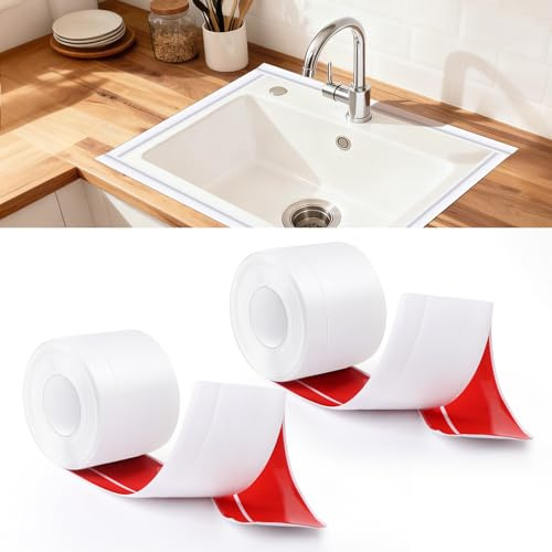 Anhow 2 Pezzi Battiscopa in PVC Morbidi, 5m Battiscopa Adesivo 50 x 20 mm Sigillante Impermeabile per Cucina, Bagno e Soggiorno - Bianco