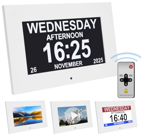 AMAS Beauty Dementia clock 7 inches with Digital calendar,date and day. | Digital calendar Silent,Video and Photo Album Player,elderly 12 alarm clocks & 20 reminders for medication,sleep