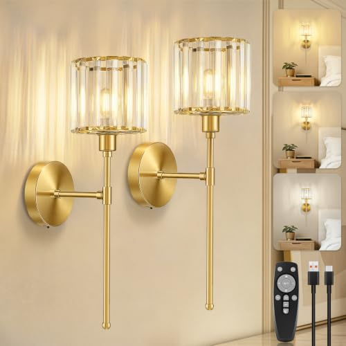 Kimjo LED Wandleuchte Innen Akku, Vintage Kristall Wandlampe Gold, 2 Stück