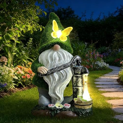 SKIKHN Beflockter Harz Zwerg, 21CM Gartenzwerg Wetterfest Figur mit LED Solarlaterne, Gartenzwerge Lustig Solar Figuren, für Terrasse Balkon Rasen Ornamente Haus, Hof Dekoration (Schmetterling)