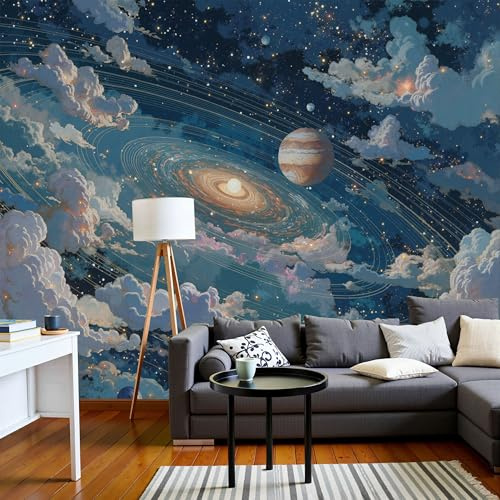 3D Papier Peint Nuages Fantastiques Galaxie Turquoise Papier Peint Panoramique Pour Salon Chambre Salon Mural Fresque Poster Xxl Planètes De L'Univers Fond Décoration Murale 350X256Cm (L X H)