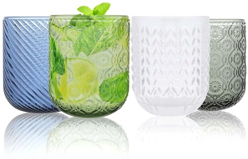AOOTE Trinkgläser Set bunt,6 teiliges Gläser Set,Modernes Blume Embossed Design,Wassergläser farbig für Cocktails, Saftgläser,Familienessen, Büro, Outdoor,Picknicks, Camping, Partys