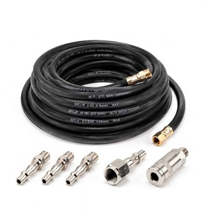 Air Compressor Hose 10m Rubber Air Line 9.5mm ID x 15mm OD, 300 PSI Working Pressure, Heavy Duty Pneumatic Air Hose with 5 Quick Release Fittings 1/4 BSP for Air Tools & Compressors (10m)