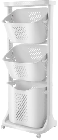 Cesto para la colada con ruedas 43 x 33 x 109 cm con 3 cestas extraíbles, clasificador de ropa con estante y 2 frenos de estacionamiento, color blanco