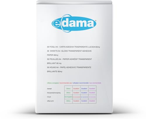 e-dama 30 Fogli Adesivi Stampabili A4 (210 x 297 mm), Carta Adesiva Lucida Polipropilene per Stampante Laser - Ideale per Etichette e Adesivi, Trasparente