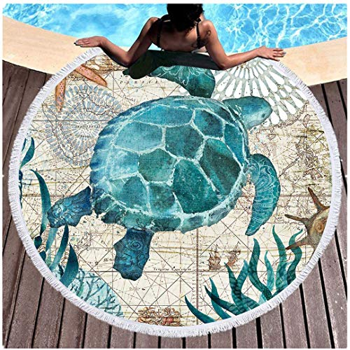 Blau Unterwasser Welt Rundes Strandtuch Badetuch Quaste 60 Zoll Decke Seestern Seetang Hai Schildkröte Tintenfisch Seepferdchen Teppich Tapisserie Wickelrock Saunatuch (Schildkröte)