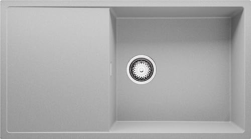 PRIMAGRAN Fregadero Cocina Gris 90x50cm, Granito 1 Seno + Sifón, Sobre encimera al mueble 60cm - Ibiza