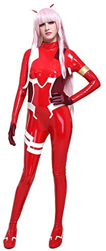 Cosplay.fm Damen Zero Two Kampfanzug Code 002 Cosplay Kostüm PU Leder Bodysuit - Rot - Small