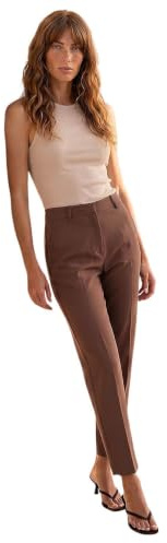 Roman Straight Leg Stretch Trousers for Women UK Ladies Work Office Smart Suit Pants Slacks Cigarette Tailored High Elasticated Waist Ankle Grazer Slim Angela - Regular Brown (28 inch) - Size 18