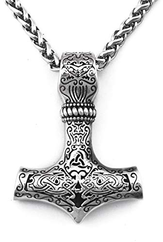 BAVIPOWER Norse Thor Hammer Necklace For Men Mjolnir Pendant Double Wolf Head Fenrir Stainless Steel Keel Chain Viking Jewelry