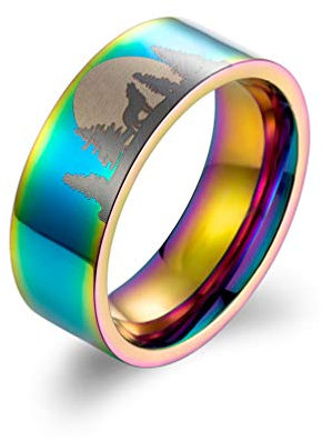 HIJONES Herren Edelstahl Wolf Moon Ring Band 8MM, Regenbogen Größe 60