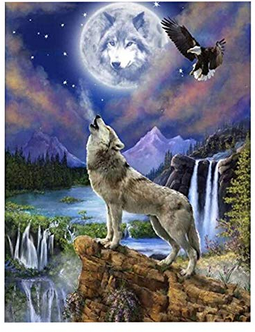 VETPW 5D DIY Wolf Diamant Malerei Set, Malen nach Zahlen, DIY Voller Diamond Art Painting Strass Stickerei Kreuzstich Kunst Handwerk Diamant für Home Wall Wanddekoration (30x40CM) - Wolf im Mondlicht