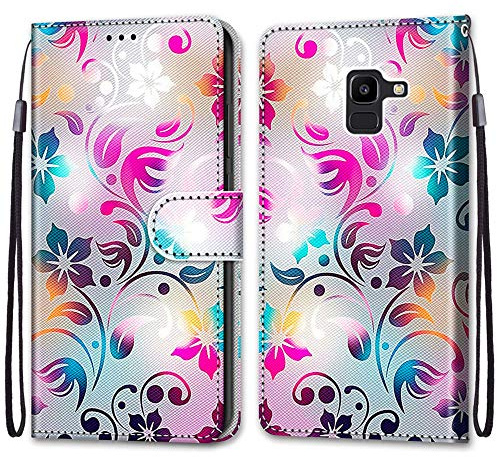 Mo-Somnus Kompatibel mit Samsung Galaxy J6 2018 / J600 Hülle, Leder Handyhülle mit Kartenfach Geld Slot Ständer PU Ledertasche Wallet Flip Brieftasche Magnetische Schutzhülle Case Etui (Blume 1)