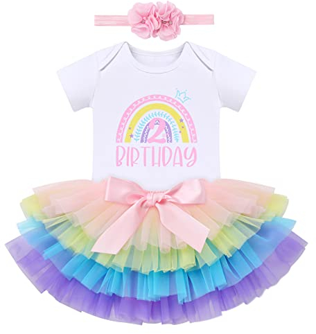 Baby Mädchen Boho Regenbogen 2. Geburtstag Outfit Baumowlle Kurzarm Strampler Body Tütü Tüll Rock Blumen Stirnband Erster Geburtstag 2 Jahre Alt Party Fotoshooting Bekleidungsset Regenbogen 2 Jahre