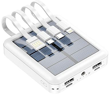 Lightweight Solar Power Bank 20000mah, High Capacity Solar Charger with 4 Inputs & 2 Usb Output, Waterproof Led Indicator Solar Power Bank for Iphone Tablets Outdoor Solar Charger Power Bank (White)