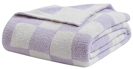 Bearberry Fuzzy Checkerboard Grid Throw Blanket Knitted Soft Cozy Warm Microfiber Blanket Decor for Couch Sofa Bed Travel Home (Purple, 50''x60'') | Knitted Fluffy Checkered Comfort Home Decor Gift for Women Mom Her, Sofa Chair Bed, 50x60in, Purple